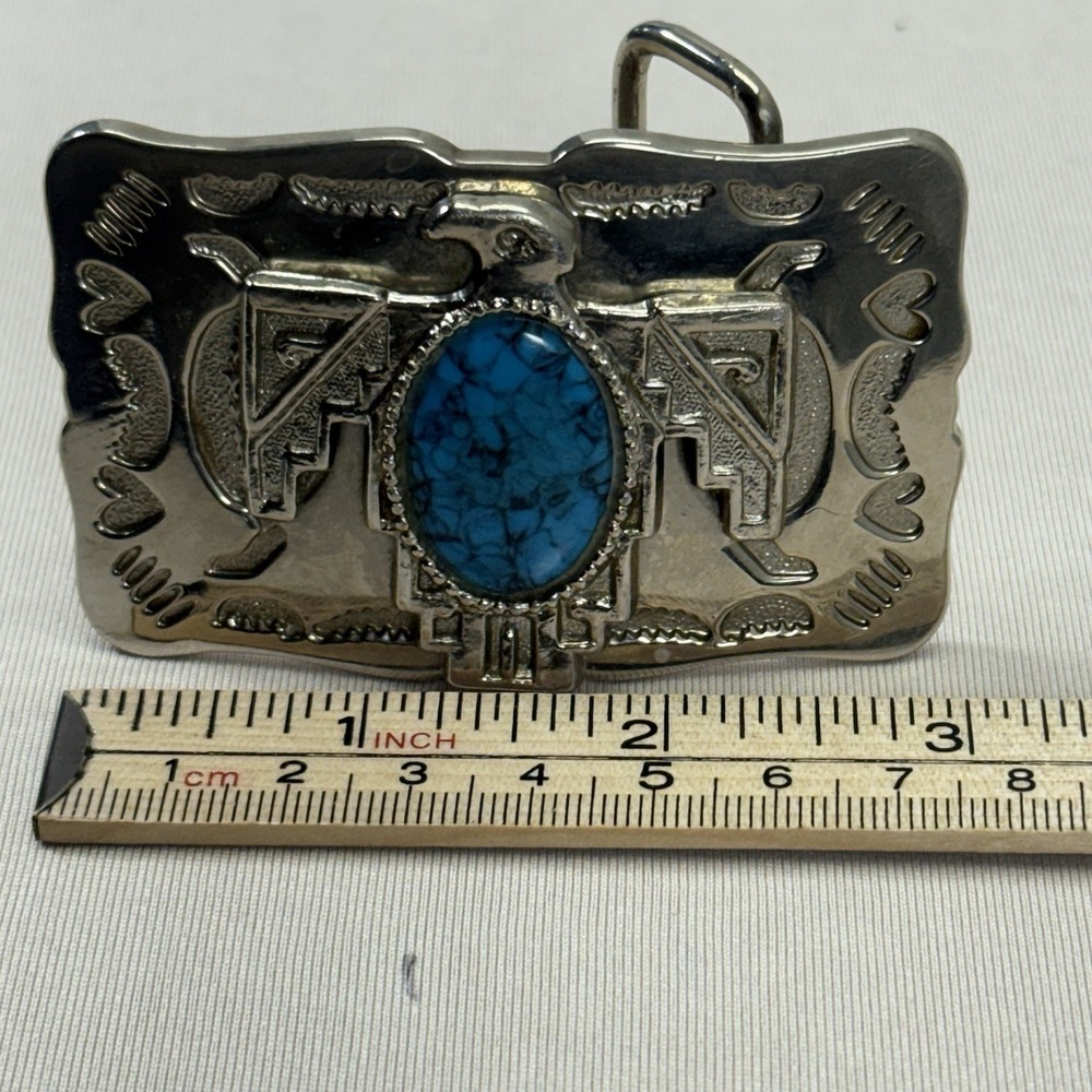 Faux Turquoise and Silver Tone Western Belt Buckle - Picture 6 of 7